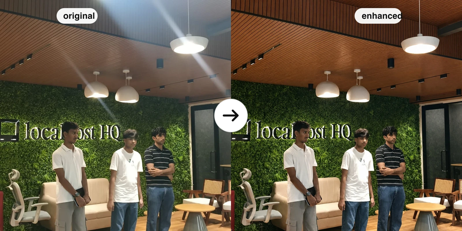An original budget-phone photo beside the same photo enhanced by Cam